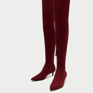 red thigh high boots low heel